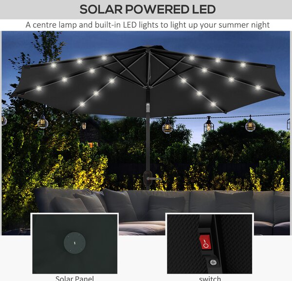Outsunny 2.7m Outdoor Patio Garden Umbrella Parasol with Tilt Crank and 24 LEDs Lights, Black