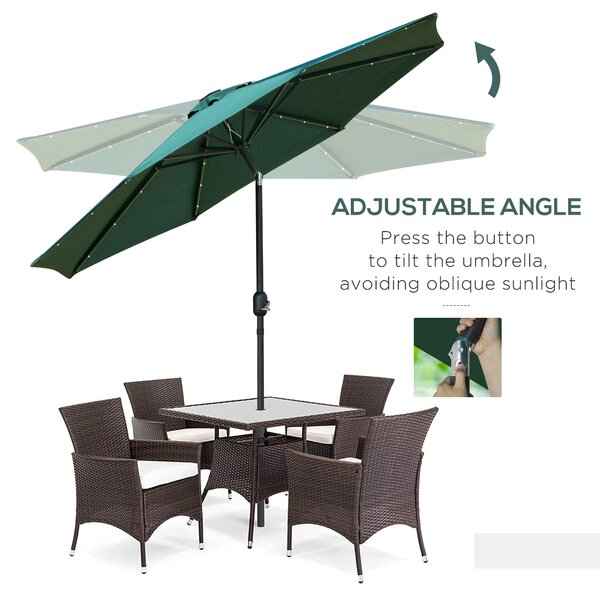 Outsunny Waterproof LED Patio Parasol: 2.7m Tilting Umbrella with Crank & 8 Ribs, Green Aosom UK