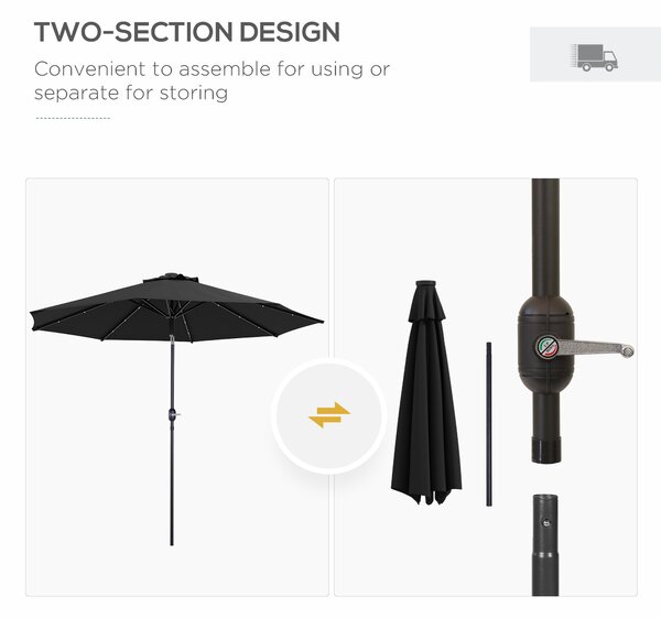 Outsunny 2.7m Outdoor Patio Garden Umbrella Parasol with Tilt Crank and 24 LEDs Lights, Black