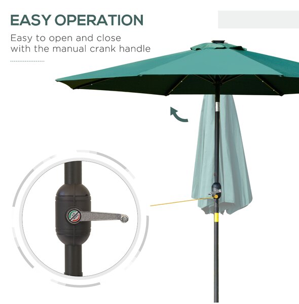 Outsunny Waterproof LED Patio Parasol: 2.7m Tilting Umbrella with Crank & 8 Ribs, Green Aosom UK