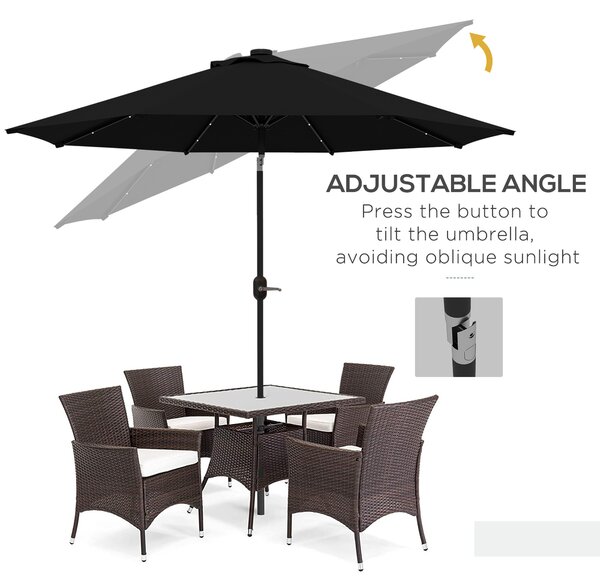 Outsunny 2.7m Outdoor Patio Garden Umbrella Parasol with Tilt Crank and 24 LEDs Lights, Black