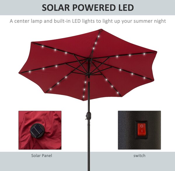 Outsunny 24 LED Solar Powered Parasol Umbrella-Wine Red Aosom UK