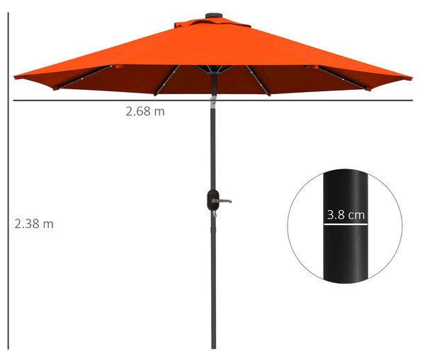 Outsunny 2.7m Outdoor Patio Garden Umbrella Parasol with Tilt Crank and 24 LEDs Lights, Orange