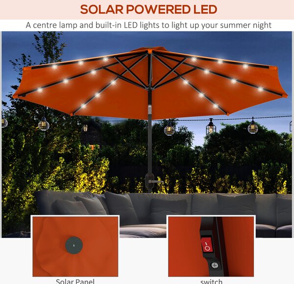 Outsunny 2.7m Outdoor Patio Garden Umbrella Parasol with Tilt Crank and 24 LEDs Lights, Orange
