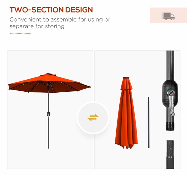 Outsunny 2.7m Outdoor Patio Garden Umbrella Parasol with Tilt Crank and 24 LEDs Lights, Orange