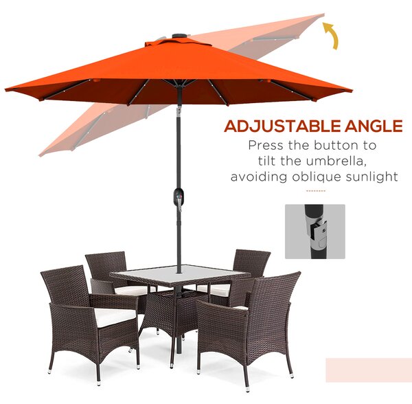 Outsunny 2.7m Outdoor Patio Garden Umbrella Parasol with Tilt Crank and 24 LEDs Lights, Orange