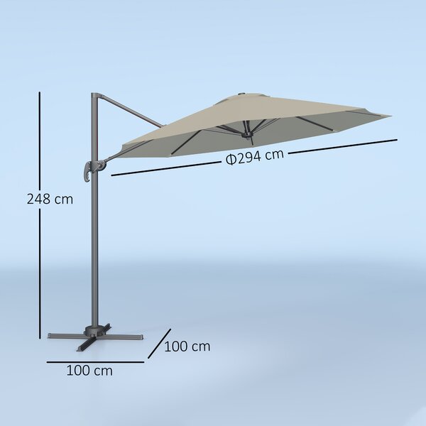 Outsunny 3 x 3(m) Cantilever Parasol with Cross Base, Garden Umbrella with 360° Rotation, Crank Handle and Tilt for Outdoor, Light Grey
