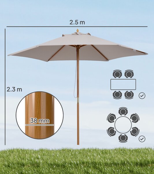 Outsunny 2.5m Wood Garden Parasol Sun Shade Patio Outdoor Wooden Umbrella Canopy Grey Aosom UK