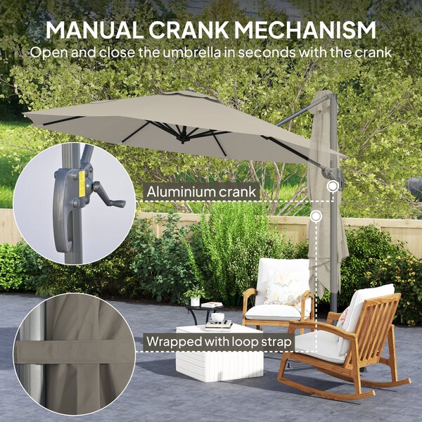 Outsunny 3 x 3(m) Cantilever Parasol with Cross Base, Garden Umbrella with 360° Rotation, Crank Handle and Tilt for Outdoor, Light Grey