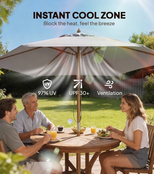 Outsunny 2.5m Wood Garden Parasol Sun Shade Patio Outdoor Wooden Umbrella Canopy Grey Aosom UK