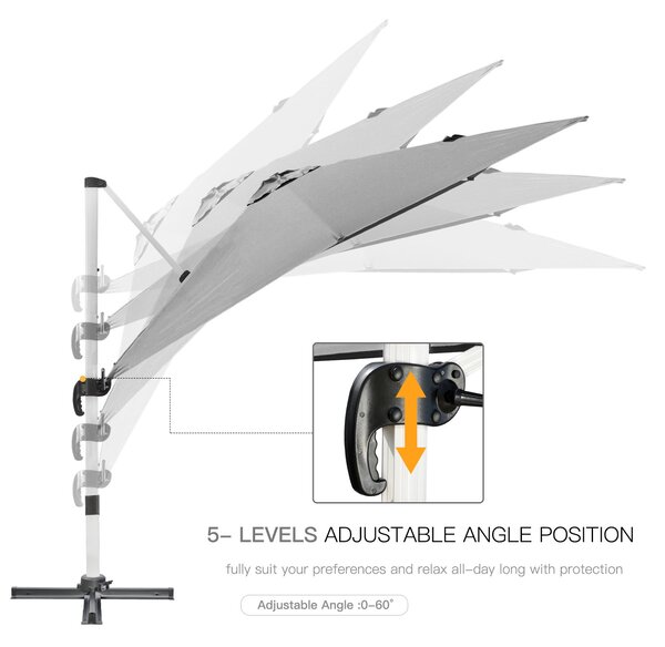 Outsunny 3 x 3(m) Cantilever Parasol, Square Garden Umbrella with Cross Base, Crank Handle, Tilt, 360° Rotation and Aluminium Frame, Grey
