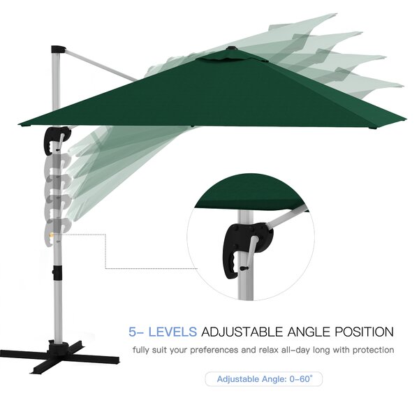 Outsunny Waterproof Cantilever Parasol Paradise: 3x3m Square Shade with Crank, Tilt, and 360° Rotation, Aluminium Frame, Green Aosom UK