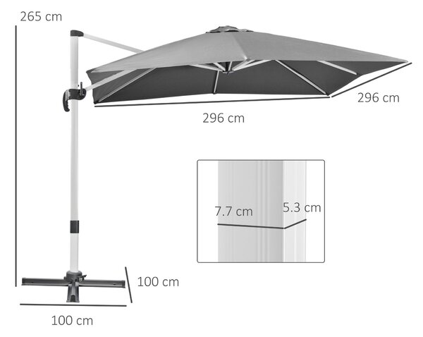 Outsunny 3 x 3(m) Cantilever Parasol, Square Garden Umbrella with Cross Base, Crank Handle, Tilt, 360° Rotation and Aluminium Frame, Grey