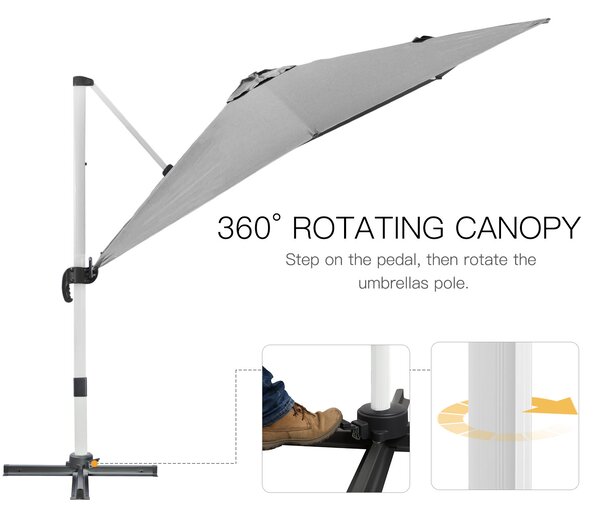 Outsunny 3 x 3(m) Cantilever Parasol, Square Garden Umbrella with Cross Base, Crank Handle, Tilt, 360° Rotation and Aluminium Frame, Grey