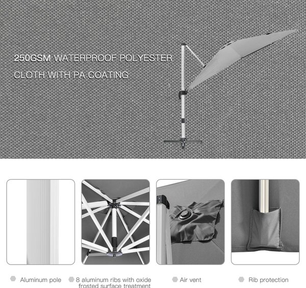 Outsunny 3 x 3(m) Cantilever Parasol, Square Garden Umbrella with Cross Base, Crank Handle, Tilt, 360° Rotation and Aluminium Frame, Grey