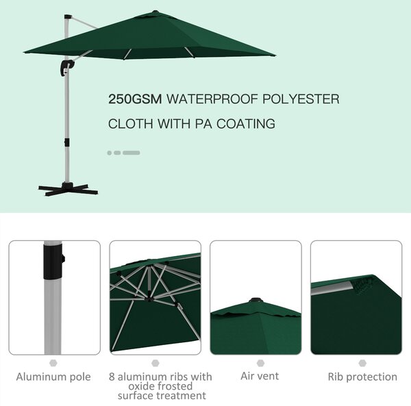 Outsunny Waterproof Cantilever Parasol Paradise: 3x3m Square Shade with Crank, Tilt, and 360° Rotation, Aluminium Frame, Green Aosom UK