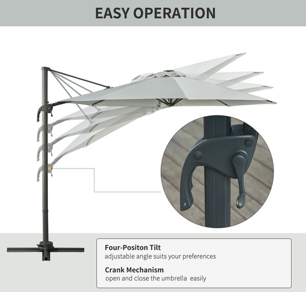 Outsunny 3(m) Cantilever Roma Parasol Patio Sun Umbrella with LED Solar Light Cross Base 360° Rotating Outdoor, Grey
