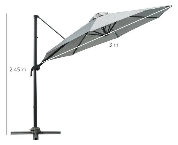 Outsunny 3(m) Cantilever Roma Parasol Patio Sun Umbrella with LED Solar Light Cross Base 360° Rotating Outdoor, Grey
