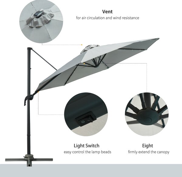 Outsunny 3(m) Cantilever Roma Parasol Patio Sun Umbrella with LED Solar Light Cross Base 360° Rotating Outdoor, Grey
