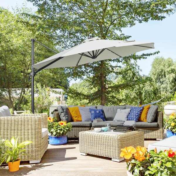 Outsunny 3(m) Cantilever Roma Parasol Patio Sun Umbrella with LED Solar Light Cross Base 360° Rotating Outdoor, Grey