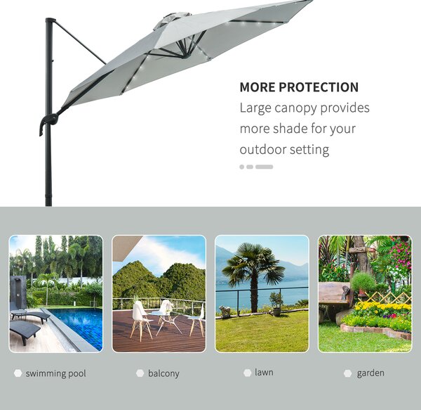 Outsunny 3(m) Cantilever Roma Parasol Patio Sun Umbrella with LED Solar Light Cross Base 360° Rotating Outdoor, Grey