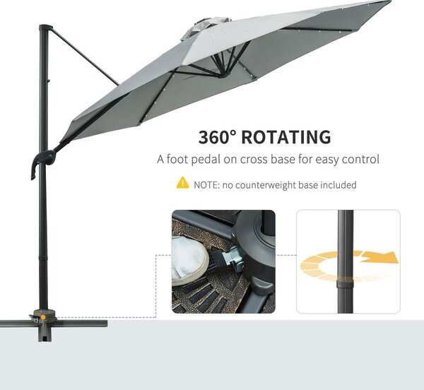 Outsunny 3(m) Cantilever Roma Parasol Patio Sun Umbrella with LED Solar Light Cross Base 360° Rotating Outdoor, Grey