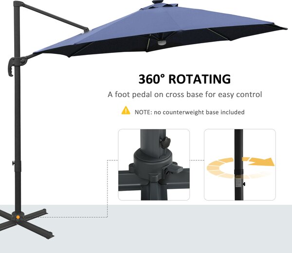 Outsunny Waterproof 3(m) Cantilever Roma Parasol Garden Sun Umbrella Outdoor Patio with LED Solar Light Cross Base 360° Rotating, Blue Aosom UK