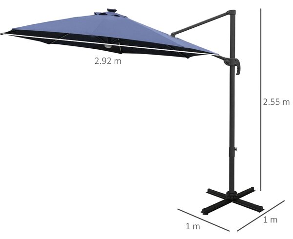 Outsunny Waterproof 3(m) Cantilever Roma Parasol Garden Sun Umbrella Outdoor Patio with LED Solar Light Cross Base 360° Rotating, Blue Aosom UK