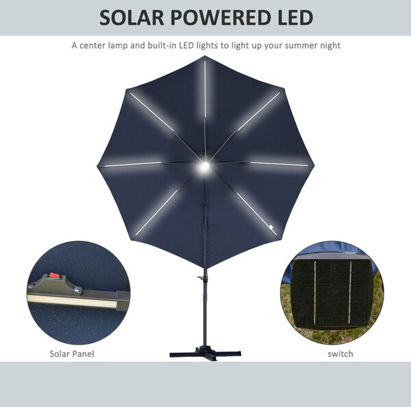 Outsunny Waterproof 3(m) Cantilever Roma Parasol Garden Sun Umbrella Outdoor Patio with LED Solar Light Cross Base 360° Rotating, Blue Aosom UK