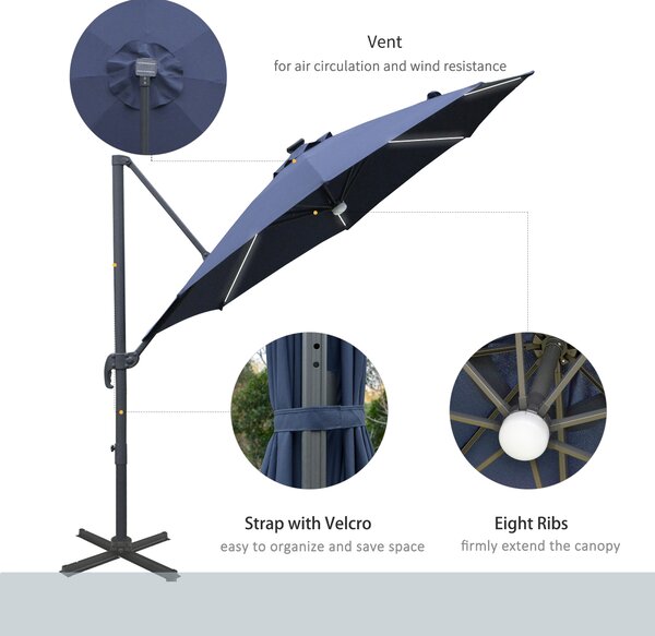 Outsunny Waterproof 3(m) Cantilever Roma Parasol Garden Sun Umbrella Outdoor Patio with LED Solar Light Cross Base 360° Rotating, Blue Aosom UK