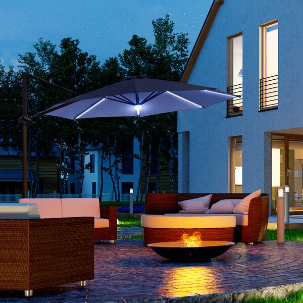 Outsunny Waterproof 3(m) Cantilever Roma Parasol Garden Sun Umbrella Outdoor Patio with LED Solar Light Cross Base 360° Rotating, Blue Aosom UK