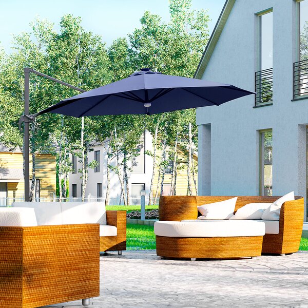 Outsunny Waterproof 3(m) Cantilever Roma Parasol Garden Sun Umbrella Outdoor Patio with LED Solar Light Cross Base 360° Rotating, Blue Aosom UK