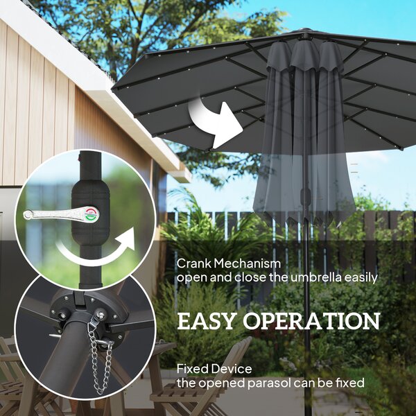 Outsunny 4.4m Double-Sided Sun Umbrella Garden Parasol Patio Sun Shade Outdoor with LED Solar Light , Dark Grey Aosom UK