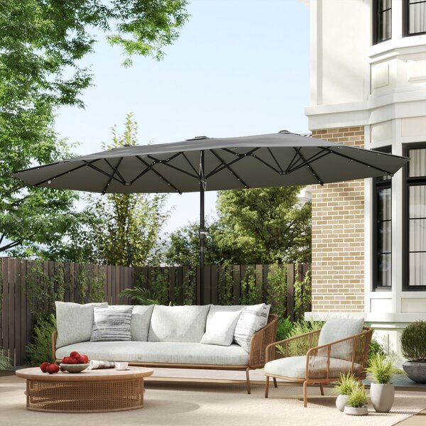 Outsunny 4.4m Double-Sided Sun Umbrella Garden Parasol Patio Sun Shade Outdoor with LED Solar Light , Dark Grey Aosom UK