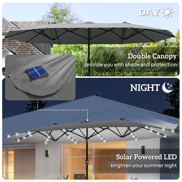 Outsunny 4.4m Double-Sided Sun Umbrella Garden Parasol Patio Sun Shade Outdoor with LED Solar Light , Dark Grey Aosom UK