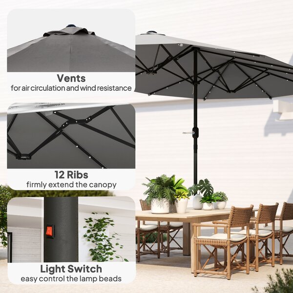 Outsunny 4.4m Double-Sided Sun Umbrella Garden Parasol Patio Sun Shade Outdoor with LED Solar Light , Dark Grey Aosom UK