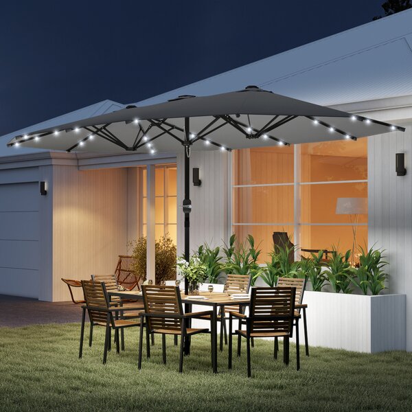 Outsunny 4.4m Double-Sided Sun Umbrella Garden Parasol Patio Sun Shade Outdoor with LED Solar Light , Dark Grey Aosom UK