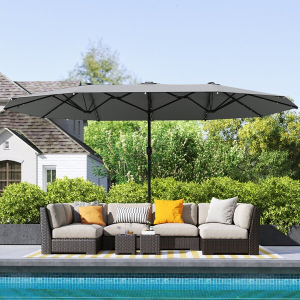 Outsunny 4.4m Double-Sided Sun Umbrella Garden Parasol Patio Sun Shade Outdoor with LED Solar Light , Dark Grey Aosom UK