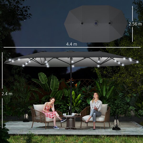 Outsunny 4.4m Double-Sided Sun Umbrella Garden Parasol Patio Sun Shade Outdoor with LED Solar Light , Dark Grey Aosom UK