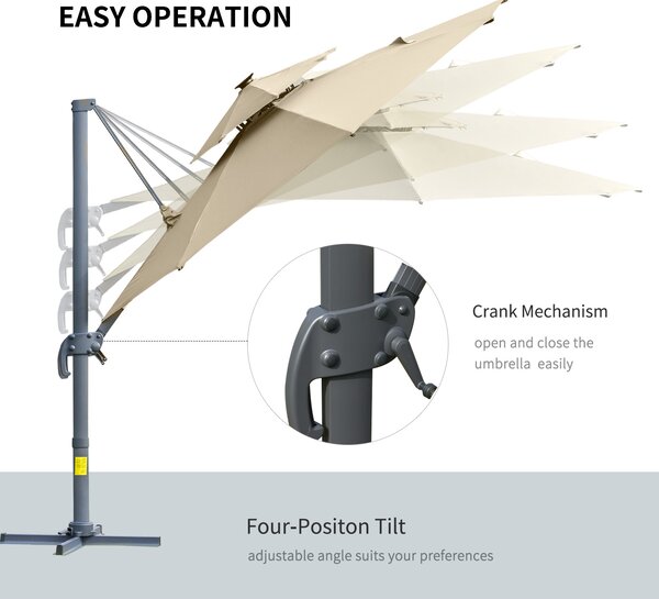 Outsunny 3m Cantilever Parasol with Solar Lights, Power Bank Cross Base Adjustable Canopy 360° Spin Outdoor Garden Umbrella 2-Tier Roof Sun Shade, Khaki AOSOM UK