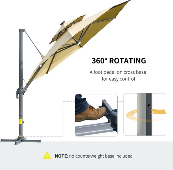 Outsunny 3m Cantilever Parasol with Solar Lights, Power Bank Cross Base Adjustable Canopy 360° Spin Outdoor Garden Umbrella 2-Tier Roof Sun Shade, Khaki AOSOM UK