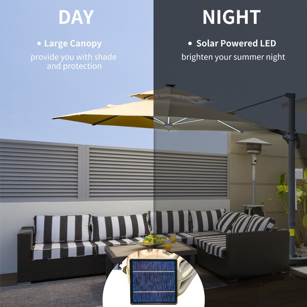 Outsunny 3m Cantilever Parasol with Solar Lights, Power Bank Cross Base Adjustable Canopy 360° Spin Outdoor Garden Umbrella 2-Tier Roof Sun Shade, Khaki AOSOM UK