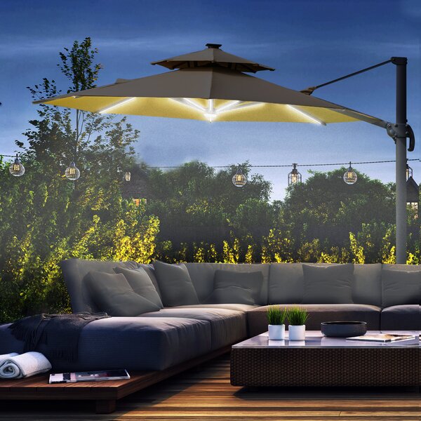 Outsunny 3m Cantilever Parasol with Solar Lights, Power Bank Cross Base Adjustable Canopy 360° Spin Outdoor Garden Umbrella 2-Tier Roof Sun Shade, Khaki AOSOM UK