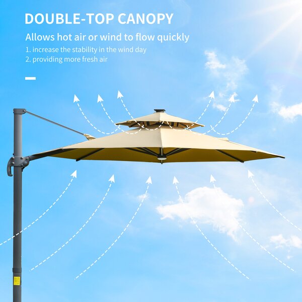 Outsunny 3m Cantilever Parasol with Solar Lights, Power Bank Cross Base Adjustable Canopy 360° Spin Outdoor Garden Umbrella 2-Tier Roof Sun Shade, Khaki AOSOM UK