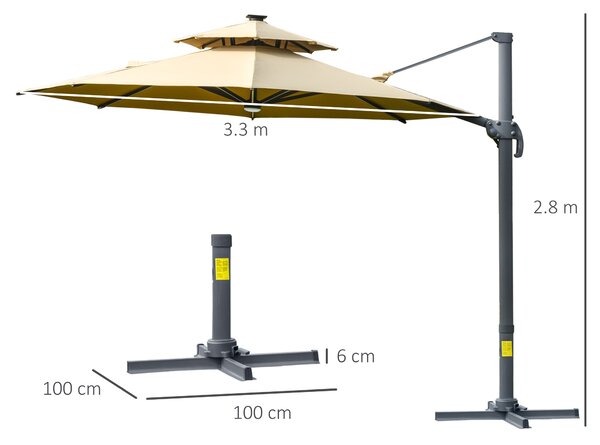 Outsunny 3m Cantilever Parasol with Solar Lights, Power Bank Cross Base Adjustable Canopy 360° Spin Outdoor Garden Umbrella 2-Tier Roof Sun Shade, Khaki AOSOM UK
