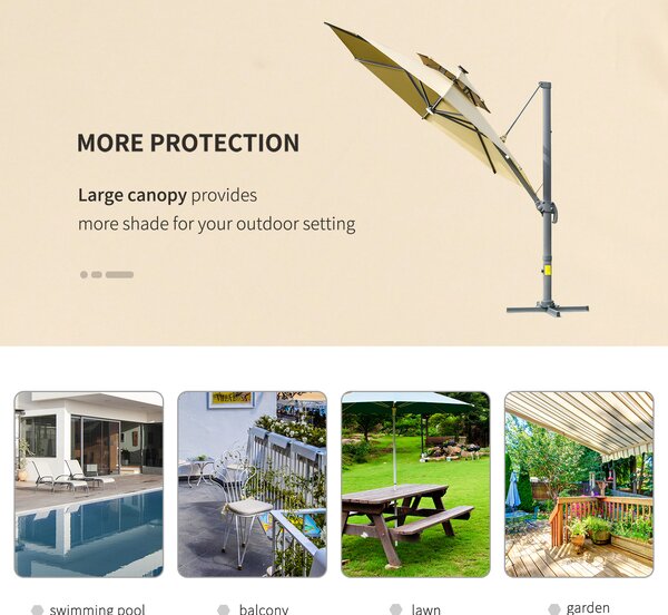 Outsunny 3m Cantilever Parasol with Solar Lights, Power Bank Cross Base Adjustable Canopy 360° Spin Outdoor Garden Umbrella 2-Tier Roof Sun Shade, Khaki AOSOM UK