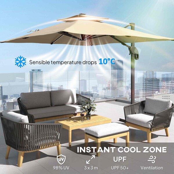 Outsunny 3 x 3m Sun Shade Sail with Adjustable Poles, Outdoor Patio Shade Canopy, Angle Adjustable UV Protection Sun Shelter for Garden & Backyard, Khaki Aosom UK