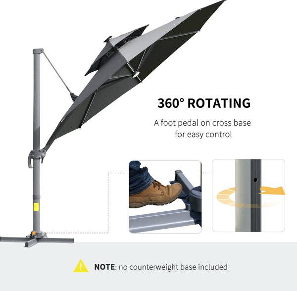 Outsunny 3m Cantilever Parasol w/ Solar Lights Power Bank Cross Base Adjustable Canopy 360° Spin Garden Umbrella 2-Tier Roof Sun Shade Grey Aosom UK