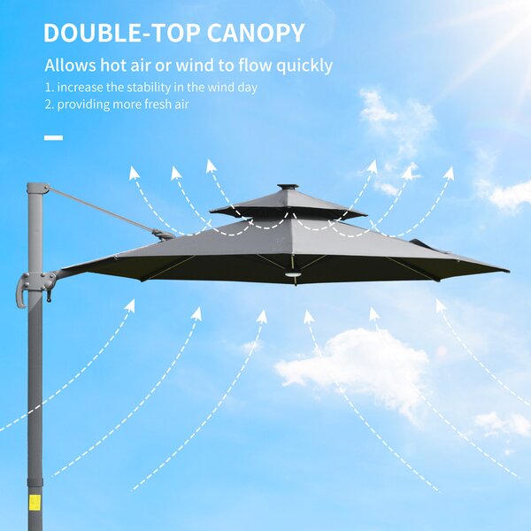 Outsunny 3m Cantilever Parasol w/ Solar Lights Power Bank Cross Base Adjustable Canopy 360° Spin Garden Umbrella 2-Tier Roof Sun Shade Grey Aosom UK