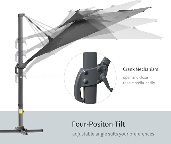 Outsunny 3m Cantilever Parasol w/ Solar Lights Power Bank Cross Base Adjustable Canopy 360° Spin Garden Umbrella 2-Tier Roof Sun Shade Grey Aosom UK